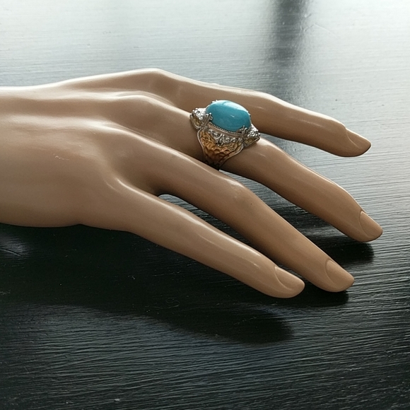GEMS EN VOGUE Oval Turquoise Hammered Band Ring 5 - Picture 3 of 9